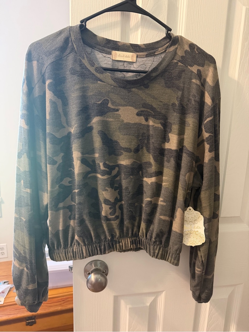 Altar'd State Olive Camo Cropped Crewneck Sweater